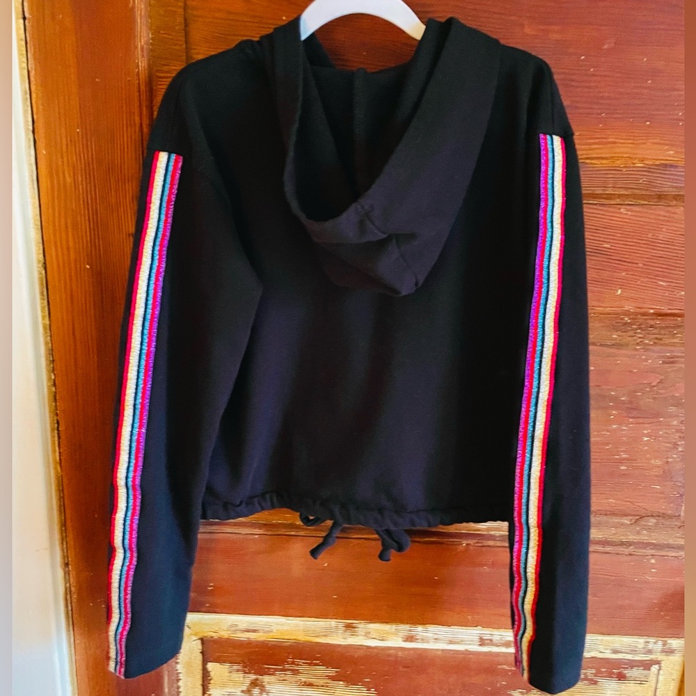 S Heart & Hips Glitter Rainbow Stripe Soft Black Hoodie Sweatshirt, French Terry